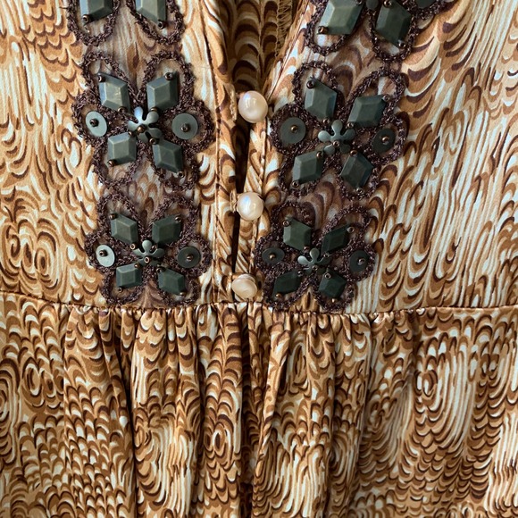 Anthropologie Beth Bowley Dress 100% Silk Lace & Beaded Detail Brown Cream Sz 2 - Picture 4 of 8